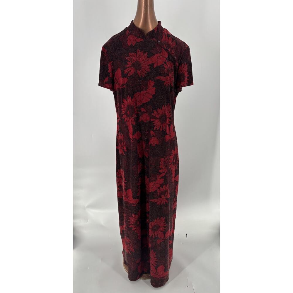 Vintage CDC Dress Womens 16 Red Black Floral 90s Maxi Mandarin Collar Metallic